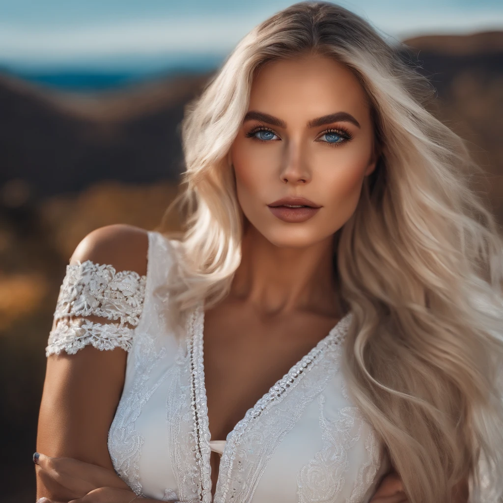 realistic white female instagram influencer, best quality, blonde, 1 girl, blue eyes, in white tight short dress