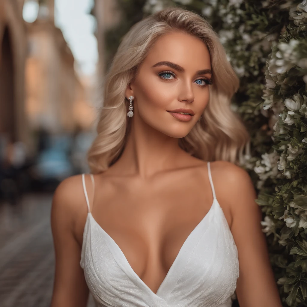 realistic white female instagram influencer, best quality, blonde, 1 girl, blue eyes, in white tight short dress