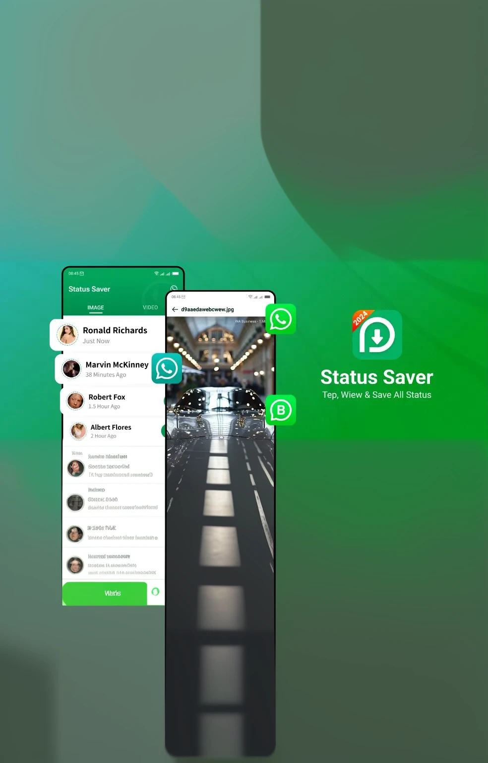 Extend mobile app promotional image, Status Saver app interface, WhatsApp-style chat bubbles, smartphone mockups, green background, app icon with download arrow, social media icons, user profile pictures, image preview, UI elements, features list, download button, app store badges
