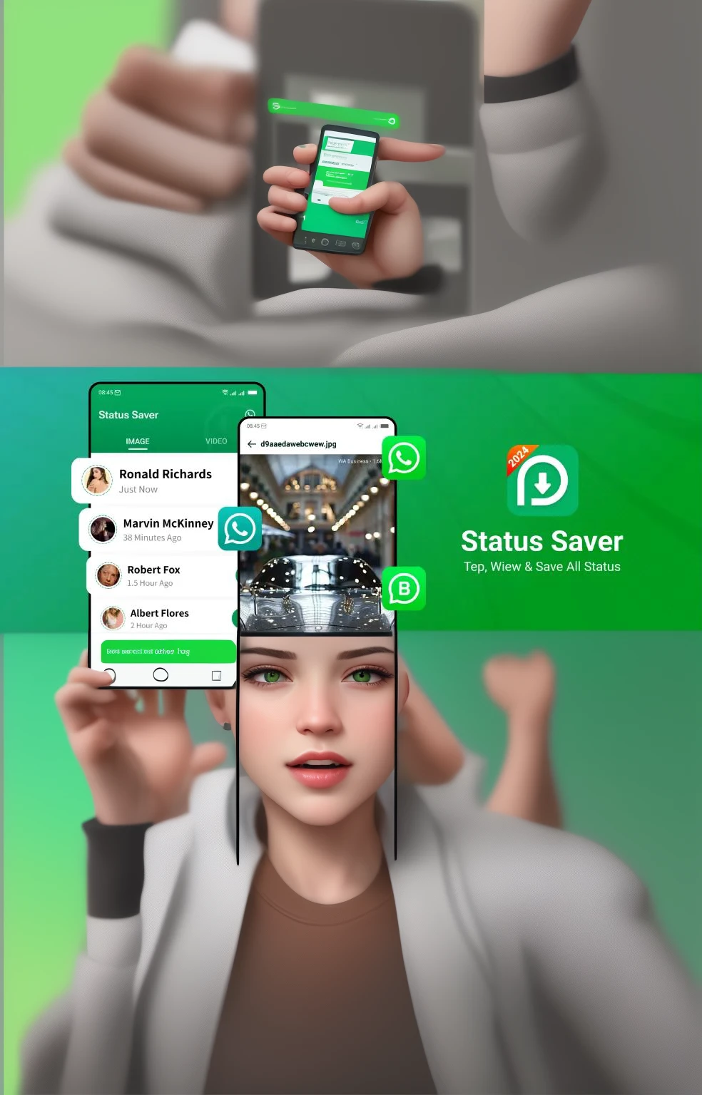 Extend mobile app promotional image, Status Saver app interface, WhatsApp-style chat bubbles, smartphone mockups, green background, app icon with download arrow, social media icons, user profile pictures, image preview, UI elements, features list, download button, app store badges