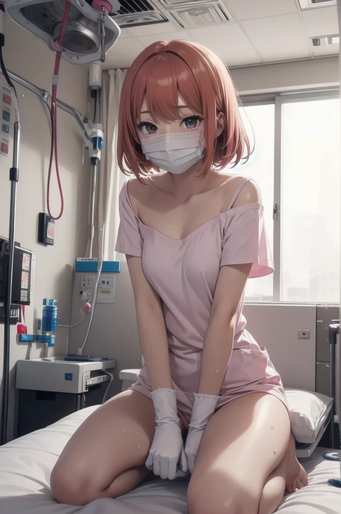 Beautiful young woman, Anime Style, Detailed face, Redhead, Wet Hair, Big eyes, pinkの目, Delicate features,One Girl, alone, nurse, pink, White gloves, Very short hair, Orange Hair, ((White surgical mask, Covered Nose)),Lying in bed, ((Hospital room)), Sharp contours, Short sleeve, Tomboy, boyish, Highest quality, masterpiece、No hat、erotic、sexy、Masturbation、pants、pinkローター、barefoot、Thighs、Place a pillow between your legs、Nice face、Embarrassed face、Hospital roomのベッド、Half naked、Adult goods、Adult Toys、Are sleeping、Pillow between legs
