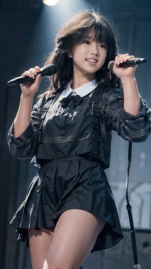 (Masterpiece, Realistic, Ultra High Definition, Best Quality: 1.2), 1girl, Solo, Young, No Makeup, (Black Hair), Smile, Japan Idol, Singing on Stage, Holding a Microphone in Hand, Uniform, Sailor Suit, Armpits, Thighs, (Akina Nakamori), Photorealistic, On Stage, Stage Lighting, Live Venue, Stage Spotlight, Lights Version, (pureerosface_ v1:0.8)