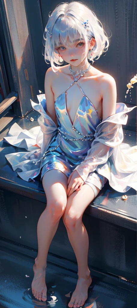 A girl、symmetry,Daughter,whole body 女恋,Put your hands together and bloom,(Very detailed:1.1),((small :1.2))、The eyes are well drawn、Charming eyes、Double tail、Wear jewelry and pearls around your neck,Transparent openwork、Deep V、Crystal Pearls、在Wear jewelry and pearls around your neck,white hair, show your thighs, Bare shoulders, Show Clavicle, Yao Liu, barefoot,((whole body))、painful posture