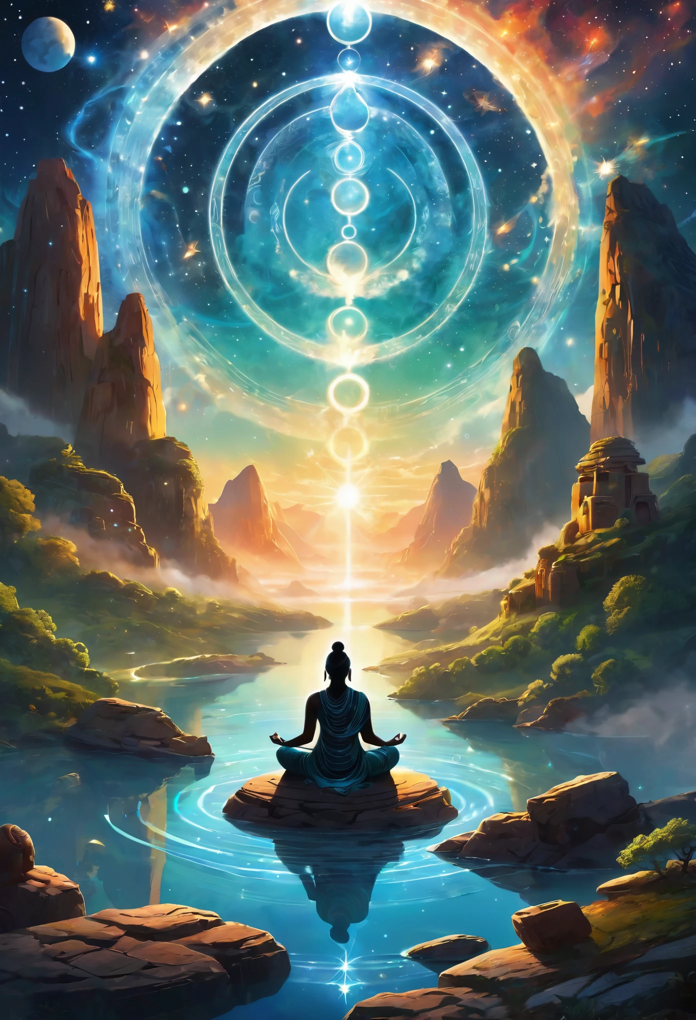 In an ancient, starlit sky, ethereal forms made of light and shadow chant an ancient mantra, surrounded by symbols of nature and the universe. These figures are seated in a circle, atop a hill that overlooks a vast, untouched landscape. The air around them pulsates with a powerful, serene energy, as the very breath of the world and the voice of the ancients flow through them. Each chant - Aaah, Oooh, Eeee, Aaah - sends ripples through the air, symbolizing the unity and that comes from ancient wisdom. The scene is bathed in a soft, celestial glow, emphasizing the sacred connection between all living beings and the cosmos.,