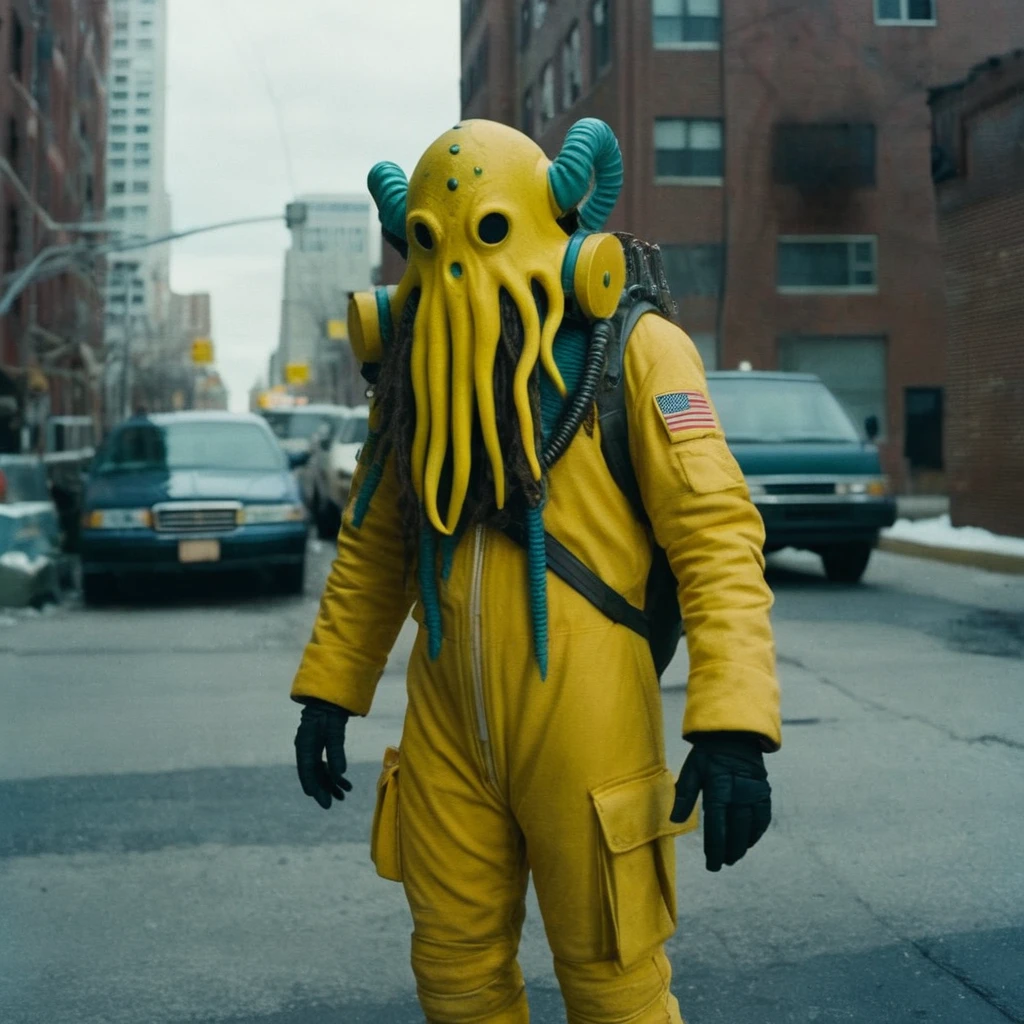Horror-themed,  In an ancient and mysterious city a person wearing a yellow helmet with yellow spikes on it carcosa city style, Don Bluth Style ASTRONAUT Cthulhu yellow Toon Doll, full body RAW candid cinema, cyan hair, 16mm, color graded portra 400 film, Eerie, unsettling, dark, spooky, suspenseful, grim, highly detailed