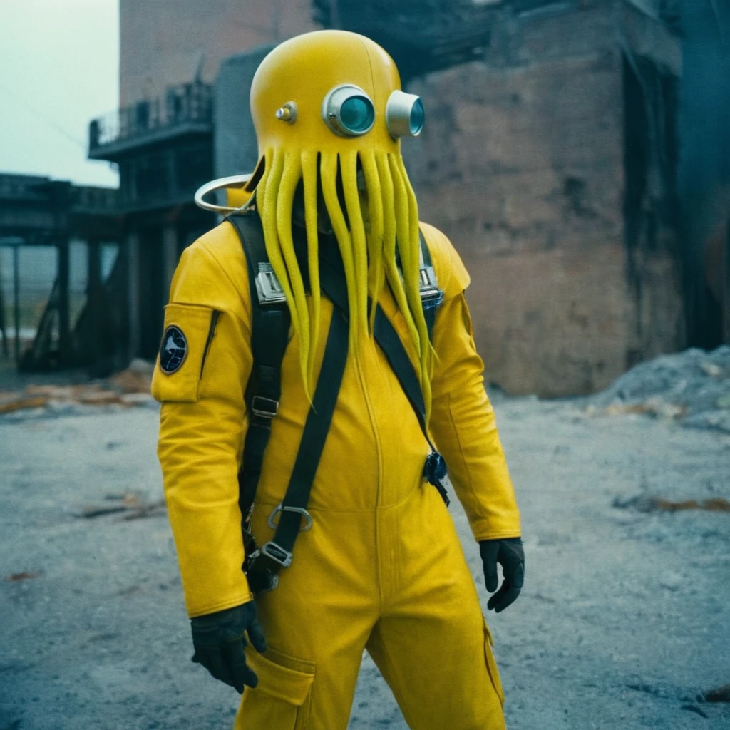 Horror-themed,  In an ancient and mysterious city a person wearing a yellow helmet with yellow spikes on it carcosa city style, Don Bluth Style ASTRONAUT Cthulhu yellow Toon Doll, full body RAW candid cinema, cyan hair, 16mm, color graded portra 400 film, Eerie, unsettling, dark, spooky, suspenseful, grim, highly detailed