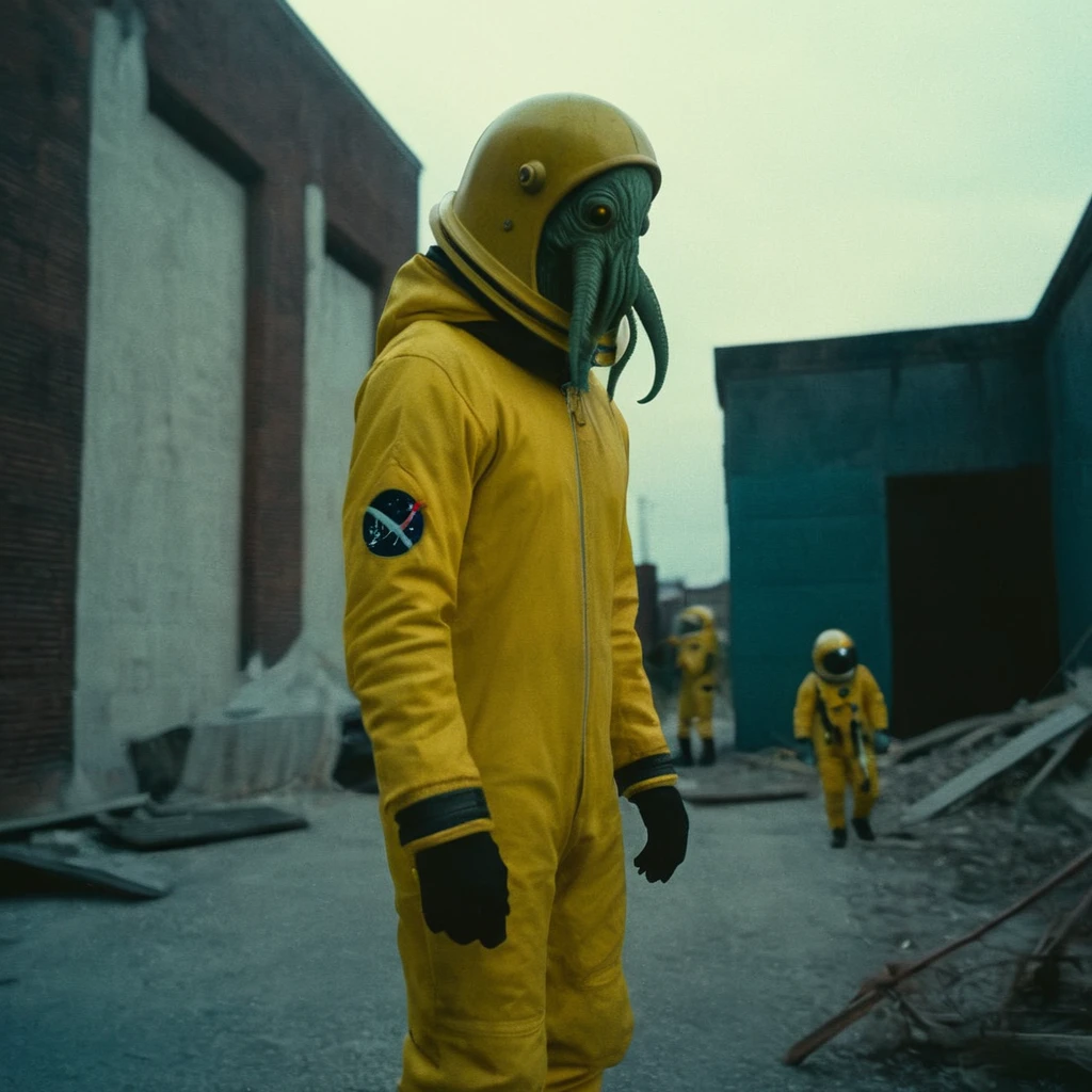 Horror-themed,  In an ancient and mysterious city a person wearing a yellow helmet with yellow spikes on it carcosa city style, Don Bluth Style ASTRONAUT Cthulhu yellow Toon Doll, full body RAW candid cinema, cyan hair, 16mm, color graded portra 400 film, Eerie, unsettling, dark, spooky, suspenseful, grim, highly detailed