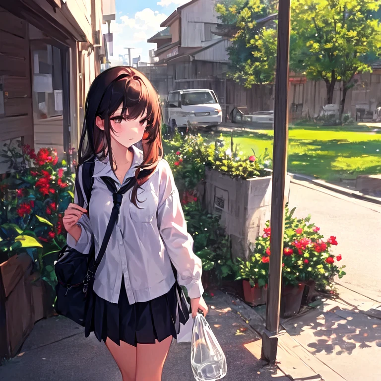 A girl on her way to school in the morning,July Morning,Light cloudiness,Holding a plastic bottle of drink in one hand