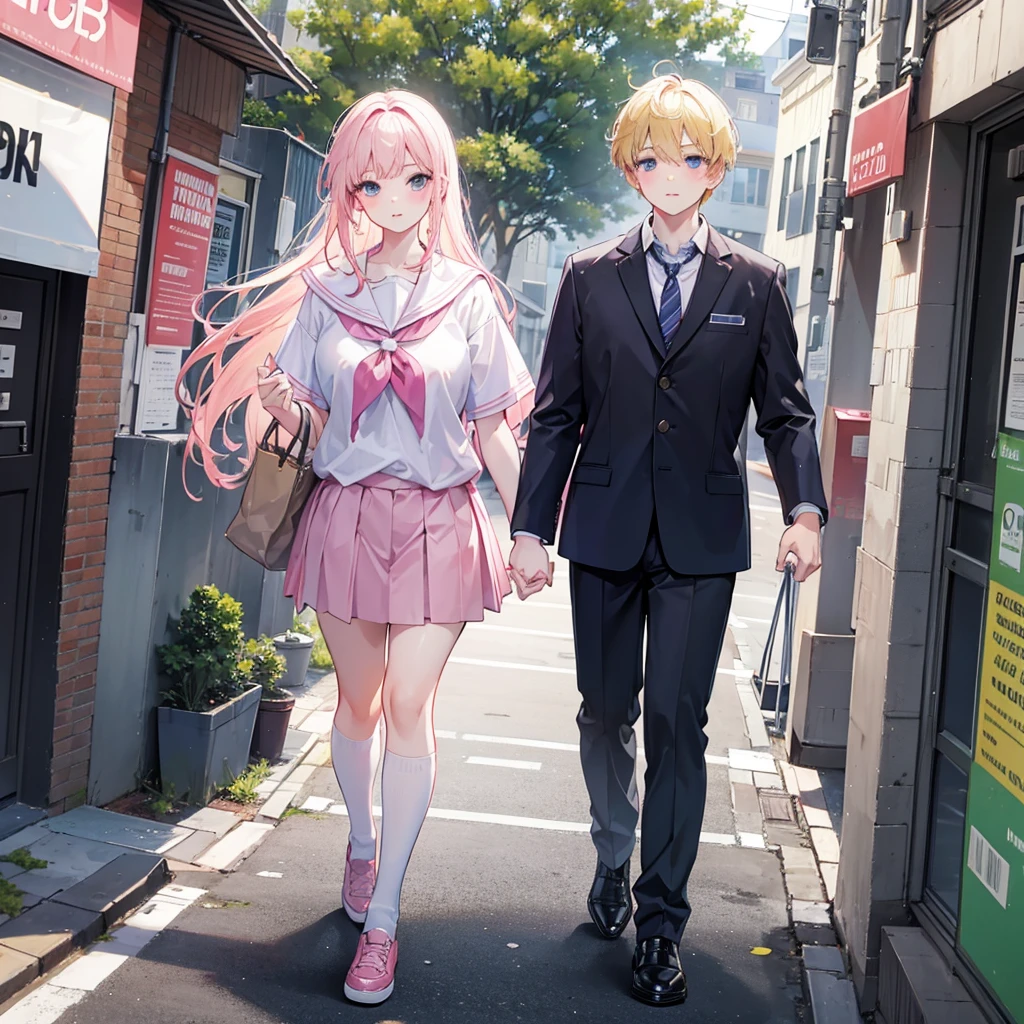 young boy, plumpness,with blonde hair,in school clothes, walking to school, holding hands with your pink-haired girlfriend.