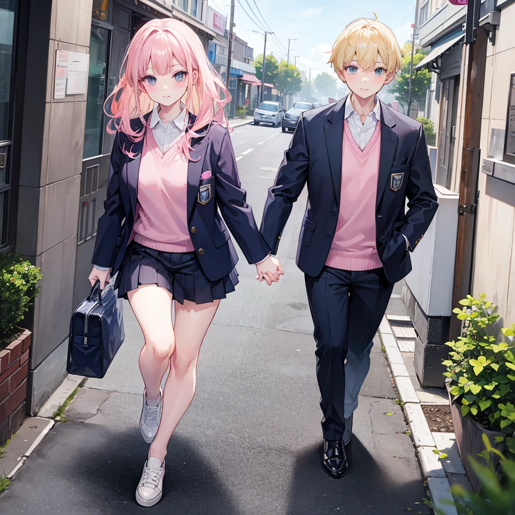young boy, plumpness,with blonde hair,in school clothes, walking to school, holding hands with your pink-haired girlfriend.