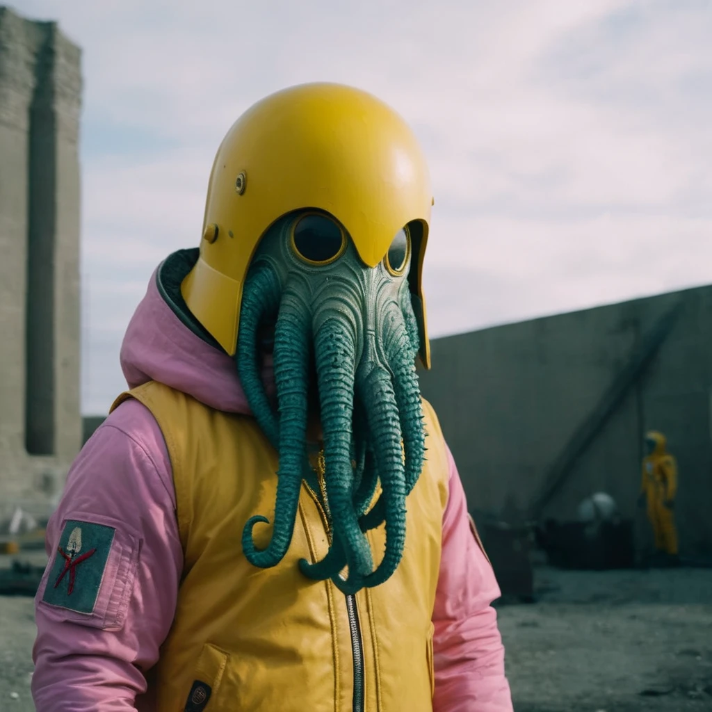 Horror-themed, In an ancient and mysterious city a person wearing a yellow helmet with pink dark spikes on it carcosa city style, Don Bluth Style ASTRONAUT Cthulhu yellow Toon Doll, full body RAW candid cinema, cyan hair, 16mm, color graded portra 400 film, Eerie, unsettling, dark, spooky, suspenseful, grim, highly detailed, titanium decorative headdress, cinematic, trending on artstation | Isometric | Centered