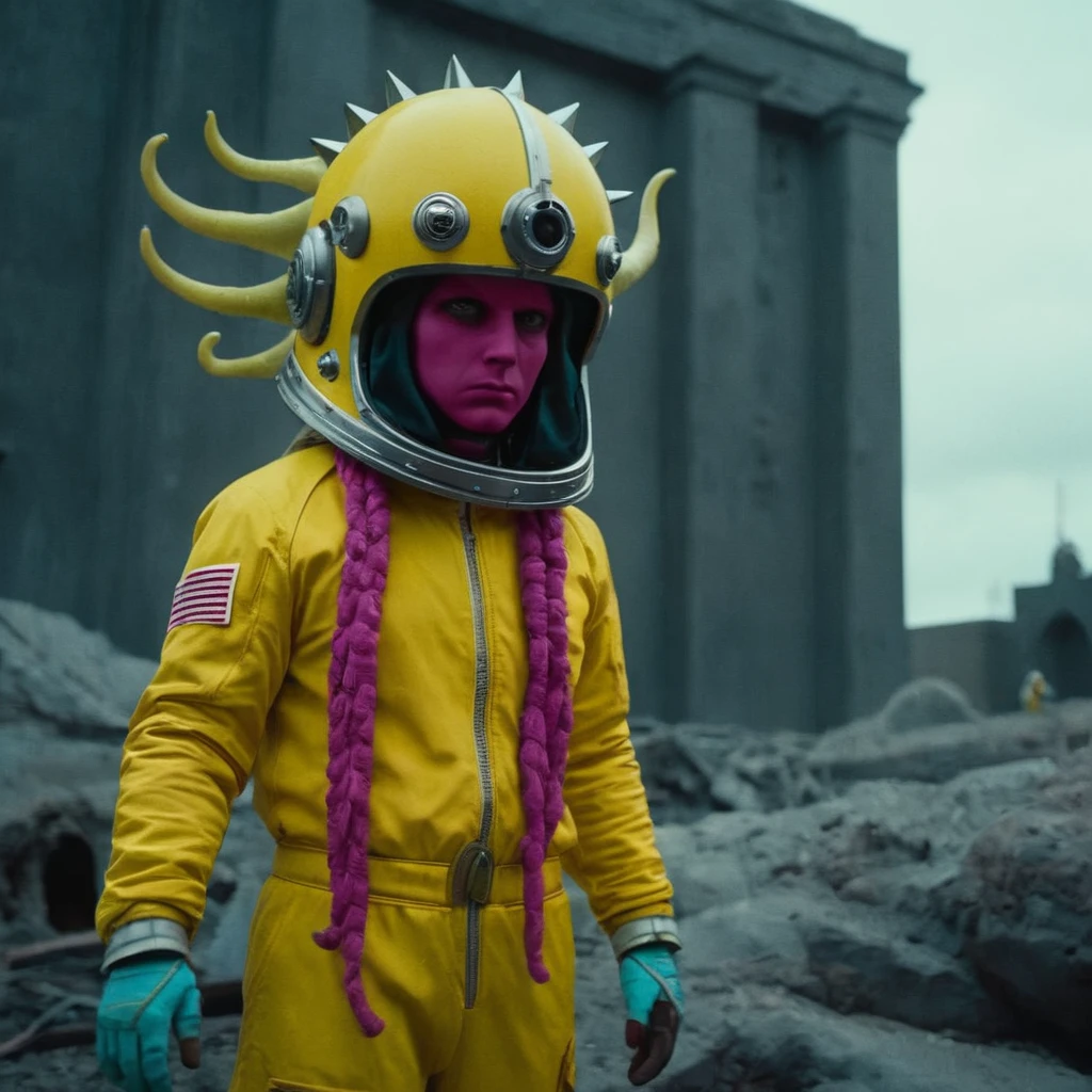 Horror-themed,  In an ancient and mysterious city a person wearing a yellow helmet with pink dark spikes on it carcosa city style, Don Bluth Style ASTRONAUT Cthulhu yellow Toon Doll, full body RAW candid cinema, cyan hair, 16mm, color graded portra 400 film, Eerie, unsettling, dark, spooky, suspenseful, grim, highly detailed, titanium decorative headdress, cinematic, trending on artstation | Isometric | Centered