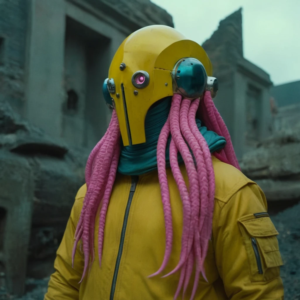 Horror-themed,  In an ancient and mysterious city a person wearing a yellow helmet with pink dark spikes on it carcosa city style, Don Bluth Style ASTRONAUT Cthulhu yellow Toon Doll, full body RAW candid cinema, cyan hair, 16mm, color graded portra 400 film, Eerie, unsettling, dark, spooky, suspenseful, grim, highly detailed, titanium decorative headdress, cinematic, trending on artstation | Isometric | Centered