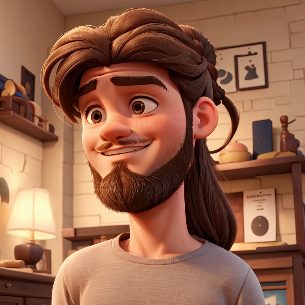 A boy with long hair with a bun and a goatee 