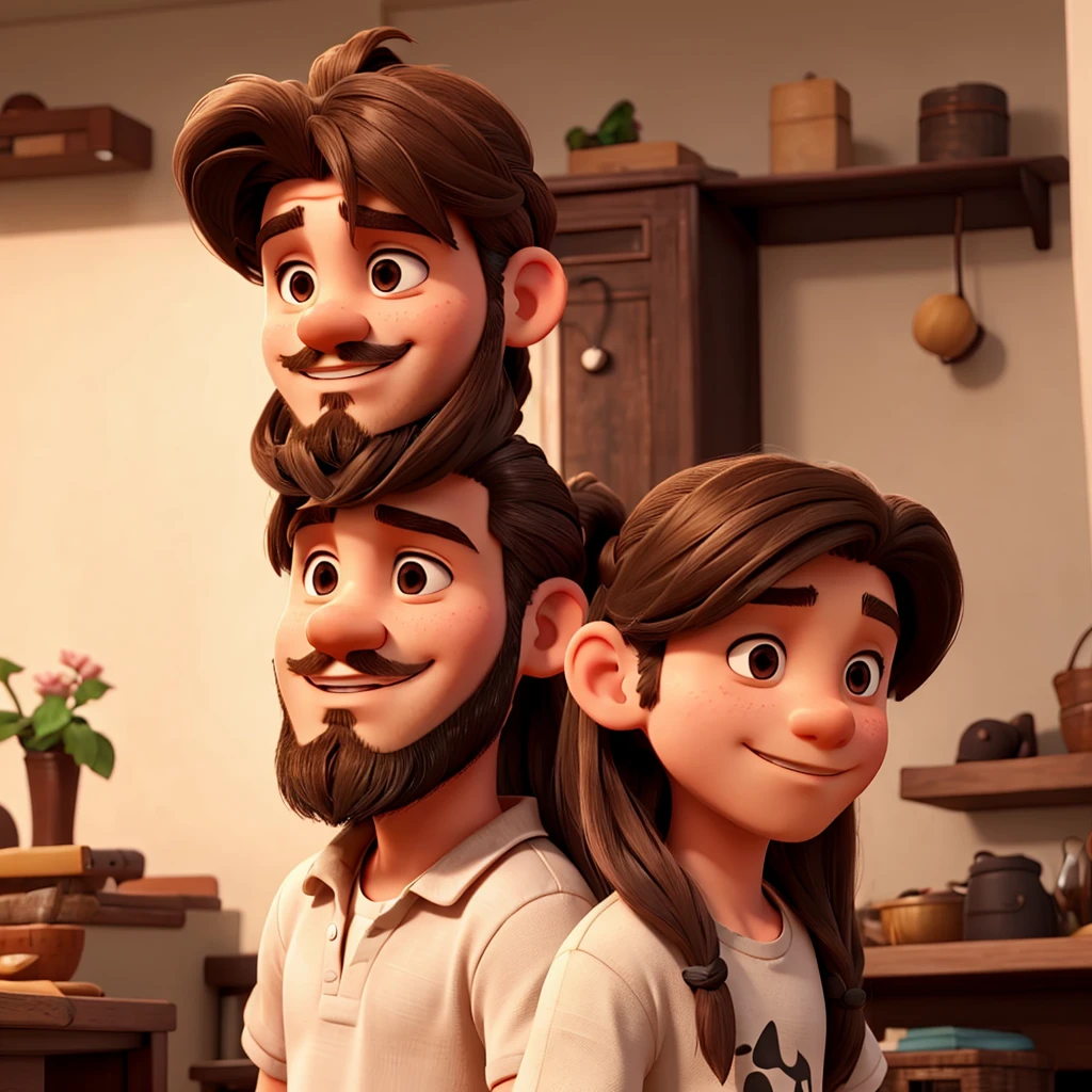 A boy with long hair with a bun and a goatee