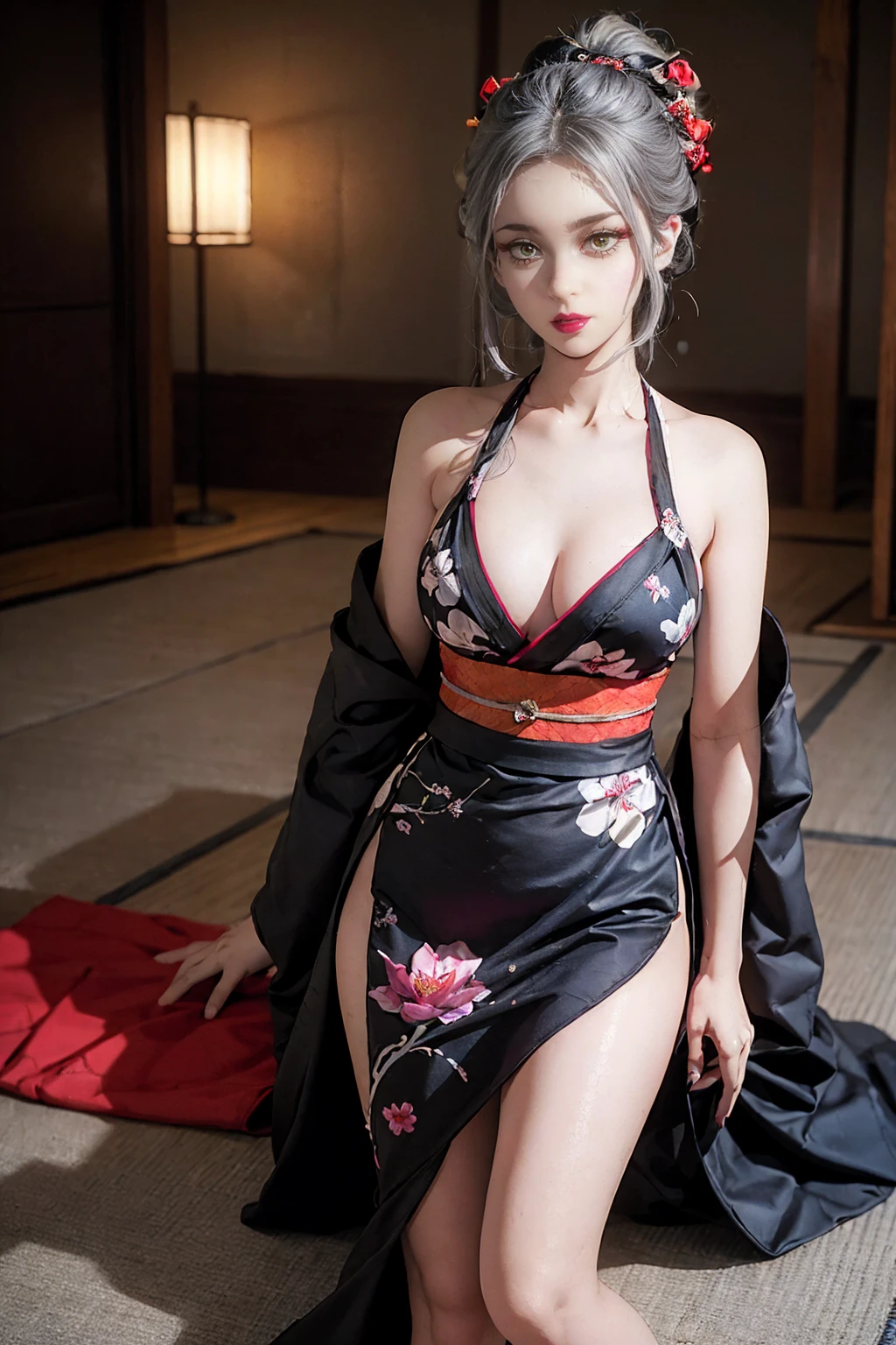 One girl, in/Kimetsu no yaba,  whole body (whole body 1.1.), Devilish Girl, Looking at the camera, Looking to the future, Beautiful waist, Gray Hair, Sexy pose, Beautiful body (Correct Anatomy), sexy kimono, kimono style, demon geisha, Very beautiful face, Woman&#39;s face, Beautiful body is completely visible, masterpiece, 最high quality, Full Height (Bodyful 1.1.), Beautiful waist, Beautiful legs, high quality, Very detailedな顔, Depth of written boundary, High resolution, Very detailed, Ray Tracing, whole body, Dark fantasy, Devil Tattoo, Super beautiful, Beautiful small breasts., One girl, solo, View your viewers, Black Hair, hair ornaments, jewelry, Mouth closed, Green Eyes , Yellow Eyes, kimono, kimono, compensate, lipstick, elongated pupils, Glowing Eyes, anger, Red lips, Hairpin, whole body