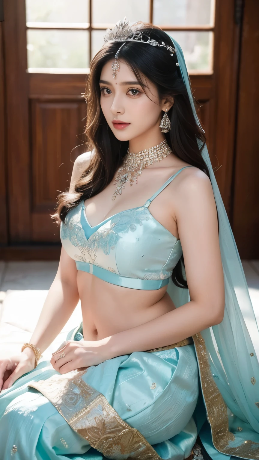 (best quality, ultra-detailed, realistic:1.37), professional, beautiful detailed eyes, beautiful detailed lips, detailed facial features, natural skin tones, perfect skin texture, delicate facial expressions, image in high resolution, realistic face, realistic skin, plain face, natural smile, highly detailed hair, 20 years, (Kiran, beautiful Indian young woman), radiates cyan bridal glamour in an exquisite Lehenga Choli adorned with intricate embroidery and ornate jewelry. The high-resolution image captures ultra-detailed realism, highlighting Kiran's captivating eyes, sitting, expressive lips, and graceful facial features, enhancing her bridal beauty. The soft lighting and floral decorations create a visually stunning representation of traditional Indian weddings and the joyous celebration of love, Beautiful background.