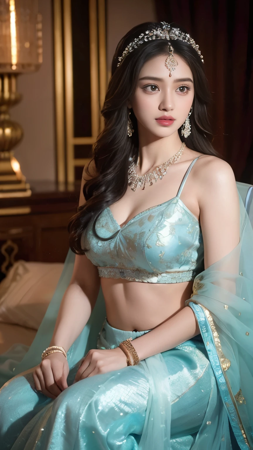 (best quality, ultra-detailed, realistic:1.37), professional, beautiful detailed eyes, beautiful detailed lips, detailed facial features, natural skin tones, perfect skin texture, delicate facial expressions, image in high resolution, realistic face, realistic skin, plain face, natural smile, highly detailed hair, 20 years, (Kiran, beautiful Indian young woman), radiates cyan bridal glamour in an exquisite Lehenga Choli adorned with intricate embroidery and ornate jewelry. The high-resolution image captures ultra-detailed realism, highlighting Kiran's captivating eyes, sitting, expressive lips, and graceful facial features, enhancing her bridal beauty. The soft lighting and floral decorations create a visually stunning representation of traditional Indian weddings and the joyous celebration of love, Beautiful background.