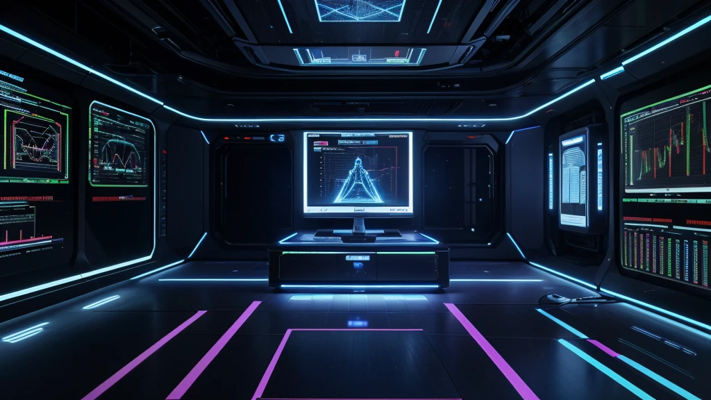 A sleek, futuristic robot stands in the center of a modern room. This robot is equipped with various advanced sensors and cameras on its body. In front of it, a large holographic screen displays colorful and dynamic stock market charts and data. The room's background is filled with cutting-edge technology, including control panels and additional monitors. Blue holographic light radiates from the screen, illuminating the robot's focused face and mechanical hands, which appear to be interacting with the data on the screen. The stock market analysis looks incredibly complex and precise, reflecting the robot's intelligent capabilities
