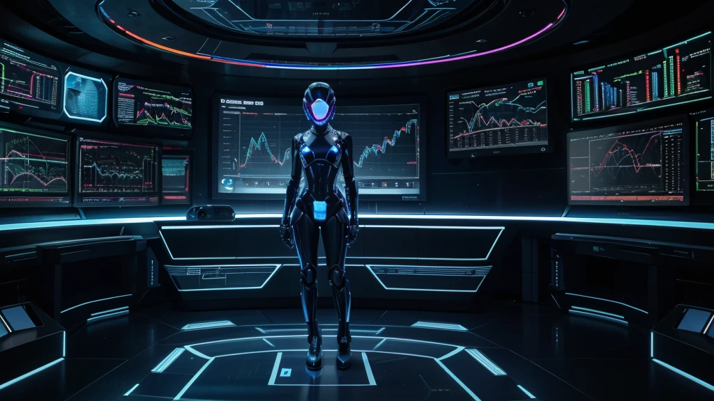 A sleek, futuristic robot stands in the center of a modern room. This robot is equipped with various advanced sensors and cameras on its body. In front of it, a large holographic screen displays colorful and dynamic stock market charts and data. The room's background is filled with cutting-edge technology, including control panels and additional monitors. Blue holographic light radiates from the screen, illuminating the robot's focused face and mechanical hands, which appear to be interacting with the data on the screen. The stock market analysis looks incredibly complex and precise, reflecting the robot's intelligent capabilities