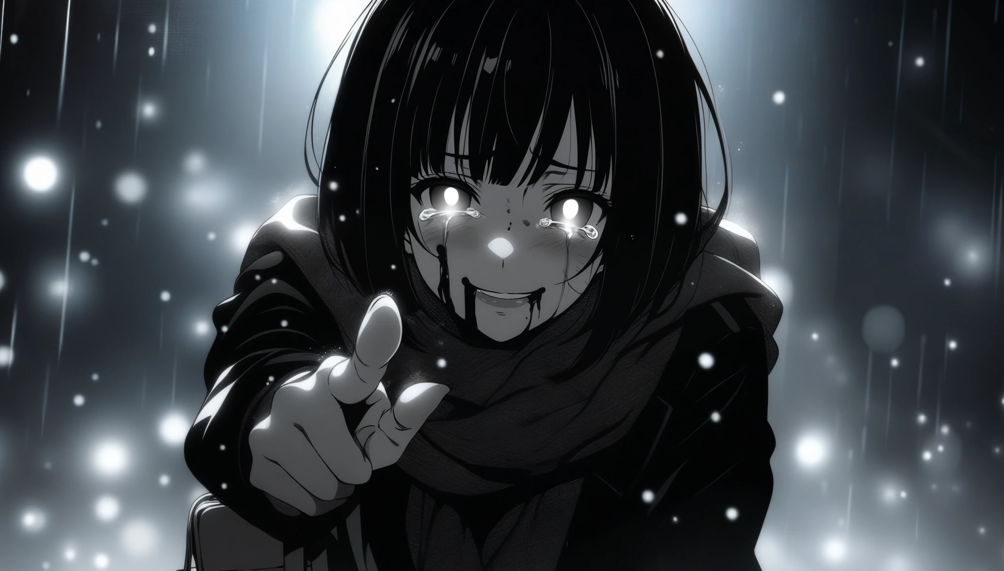 masterpiece, best quality, 1girl, clamp \(circle\) official art, misaki kurehito official art, grayscale, manga style, japanese, chi no wadachi, black eyes, glowing white pupils, street, iced, black hair, schoolbag, smile, crying, tears, tears streaming, blood, blood_from_mouth, bruise, nosebleed, lineart, face against the ground, looking at viewer, blood on face, black coat, black scarf, 35 years old, mature_female:1, tall, fair skinned, bokeh background, streaming, bob cut, light particles, centered, snowing, emotional anime scene, (very aesthetic, best quality, ultra detailed), intricate details, red and blue lights flashing, camera glare, finger_gun, pointing at viewer