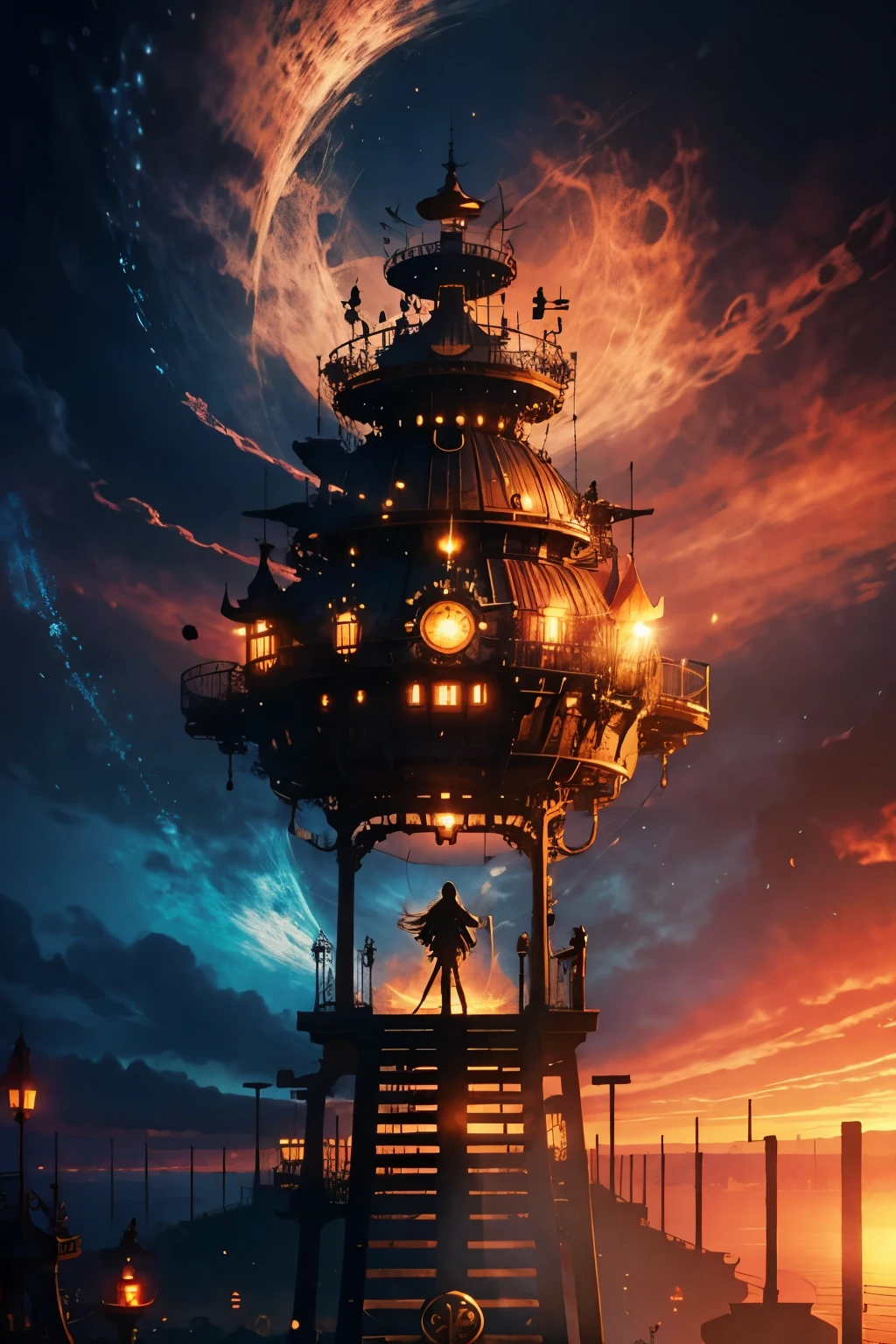 steampunkai。(Highest quality:1.2)。One Woman。Beautiful steampunk witch。Blonde Long Hair。Standing halfway up a metal spiral staircase。Looking into the distance。The background is a sea of clouds and high clouds in the afterglow。