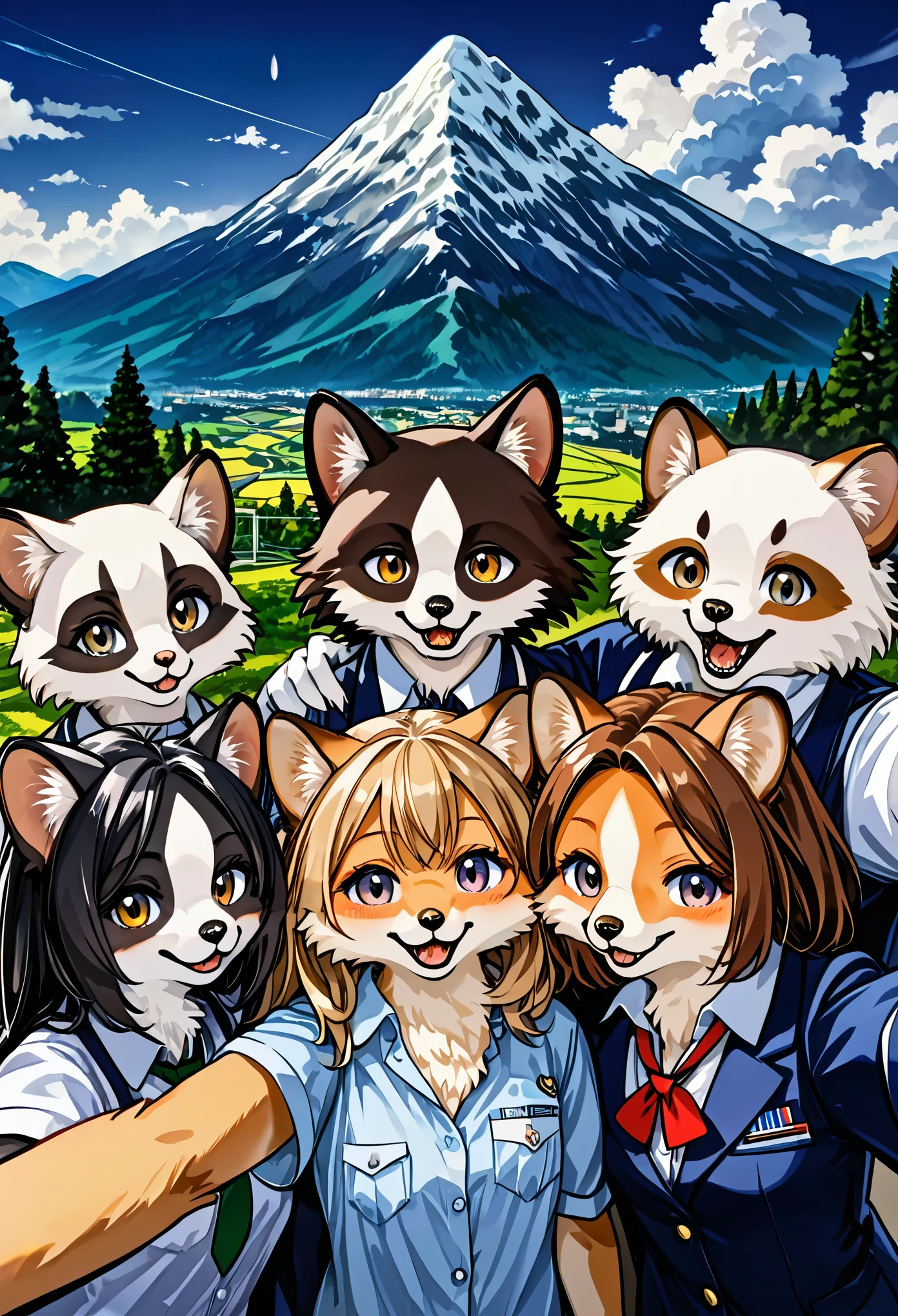 top quality, best quality, High-quality illustrations, masterpiece, super high resolution, detailed background, detailed background, Mountain railways in Switzerland, group shot, boys, girls, night sky, absurdres(highly detailed beautiful face and eyes)perfect anatomy(Photo of family trip)(kemono, furry anthro)selfie,