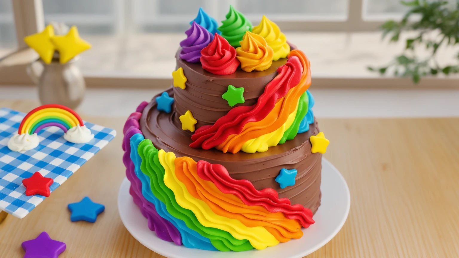 on a wooden table. there is a white plate. double tier chocolate cake ((chocolate cream texture, strokes of a pastry spatula)), rainbow cream in stitches, decorated with rainbow stars made of polymer clay, multi-colored cream on top ((cream highlights)), on the table there is a checkered tablecloth, a plastic rainbow and stars made of polymer clay. against the background of the kitchen, Beautiful light from the window, contour light, Multiple light sources, beautiful lighting, Bright light source, bright lighting, beautiful light sources, Multiple light sources, Realistic style , realistic texture, detailed texture, A high resolution, high quality, macro photography