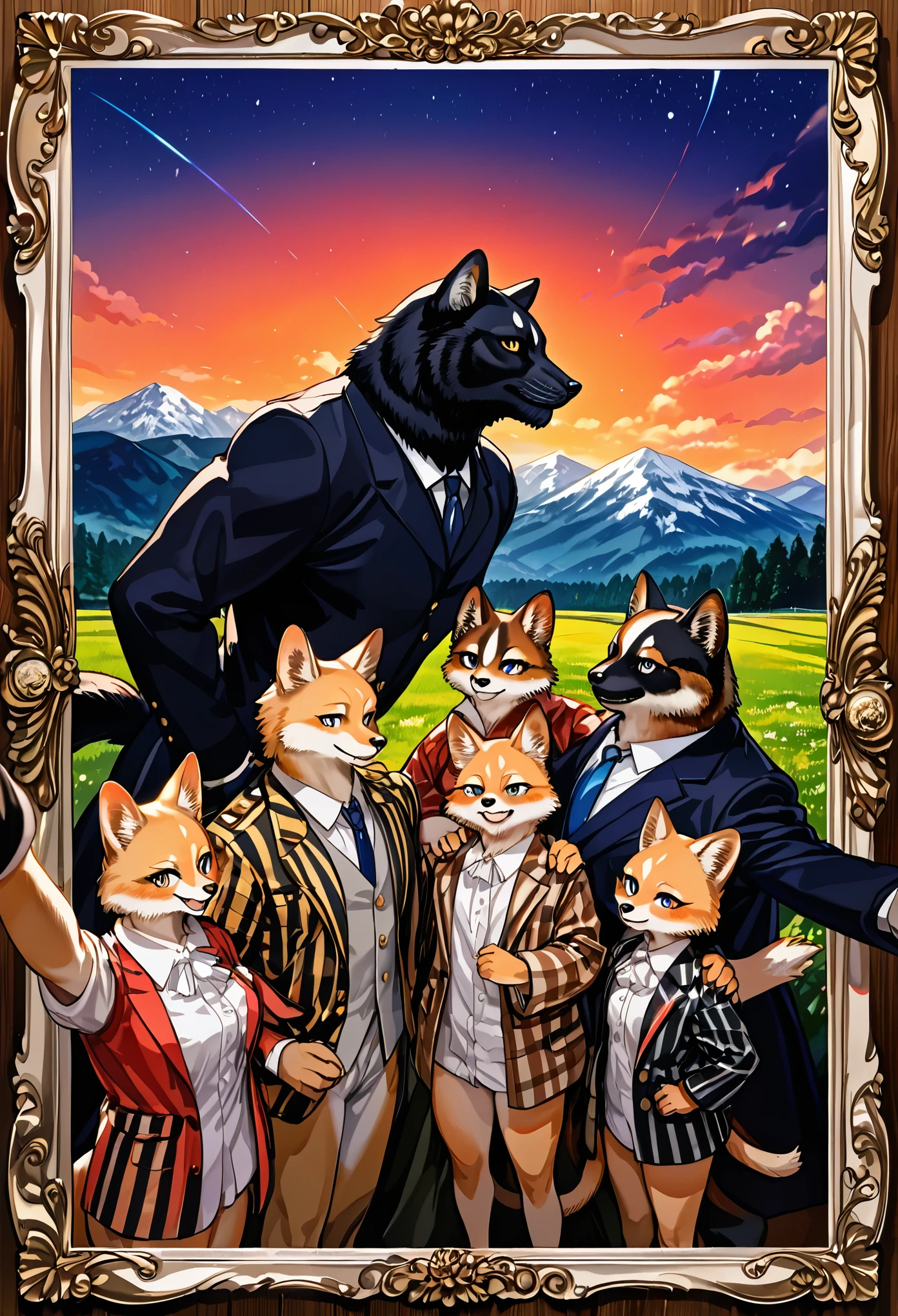 top quality, best quality, High-quality illustrations, masterpiece, super high resolution, detailed background, detailed background, Mountain railways in Switzerland, group shot, boys, girls, night sky, absurdres(highly detailed beautiful face and eyes)perfect anatomy(Photo of family trip)(kemono, furry anthro)selfie,
