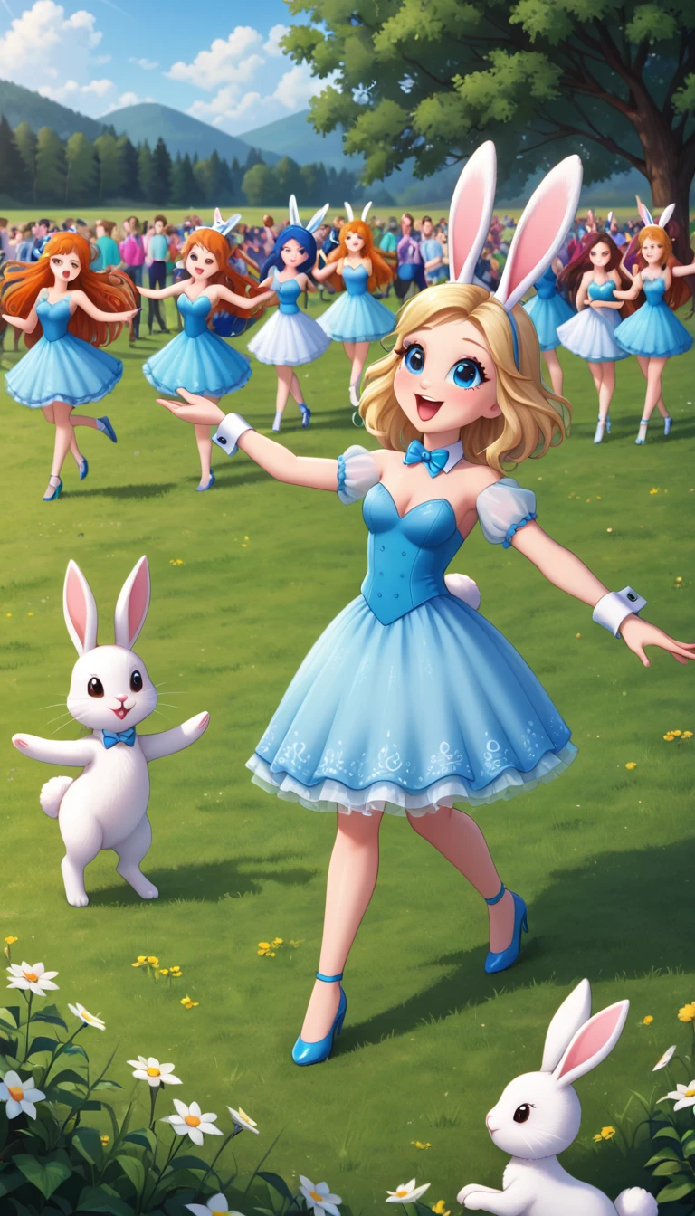 A cute little bunny with white whiskers and bright eyes,Little bunny meeting his animal friends in a field, everyone dancing and singing together
