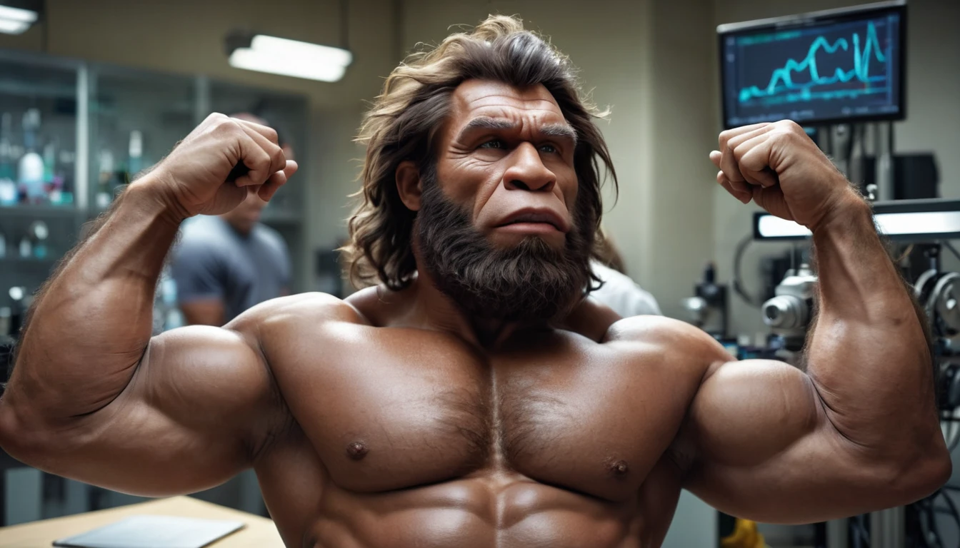 (RAW photo of a Neanderthals:1) , (hyper realistic:1.4), (Neanderthal man),transformation,(half gorilla mix :0.55), tall, (very muscular:1.8), (hairy body:1.5),(detail face:1.1), tan skin, thick arms, (veiny arms:1), (bloated gut:1.1),(wearing loincloth:1.1), thick legs, rounded pecs, big arms, veiny arms, dark brown skin, ( in a lab surrounded by small scientists:1.1) ,hdr, photorealistic
masterpiece, cinematic, best quality, sharp focus, 