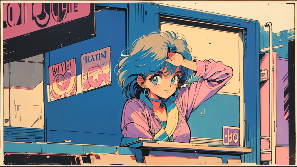 (80's, Retro, City Pop Poster:1.5), , (masterpiece, Highest quality), (anime, figure), Best Photo Poses, Dynamic Angle, Cowboy Shot, alone, smile, A perfect eye for detail, Delicate face, High Fashion, Retroなゲームセンター、American casual、jazz、the 90s、Vintage、tobacco、speaker、Saxophone、rain、 Cool Guy、Knight、 City Boy、Retro、