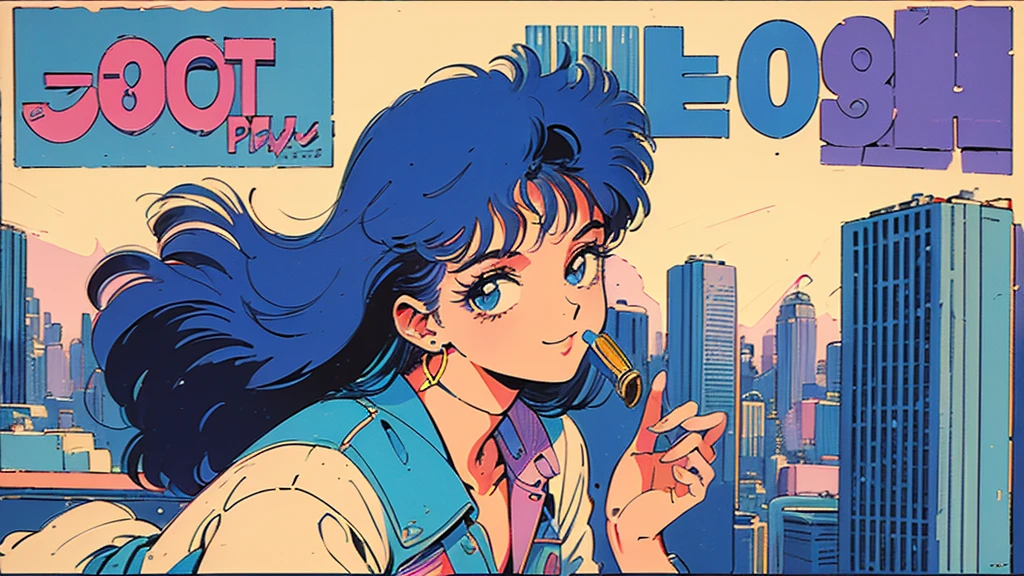 (80's, Retro, City Pop Poster:1.5), , (masterpiece, Highest quality), (anime, figure), Best Photo Poses, Dynamic Angle, Cowboy Shot, alone, smile, A perfect eye for detail, Delicate face, High Fashion, Retroなゲームセンター、American casual、jazz、the 90s、Vintage、tobacco、speaker、Saxophone、rain、 Cool Guy、Knight、 City Boy、Retro、