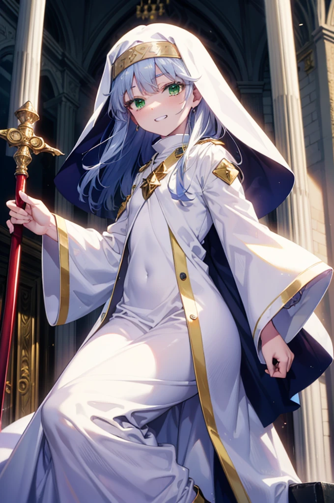 index, index, (Green Eyes:1.5), Silver Hair, Long Hair, (Flat Chest:1.2),Grin,
break habit, Long sleeve, Nuns, Robe, white Robe, Wide sleeves,Long skirt,boots,Put your right hand on your hip,In his left hand he holds a long sacred staff,whole bodyがイラストに入るように,
break looking at viewer, whole body,
break indoors, church,
break (masterpiece:1.2), Highest quality, High resolution, unity 8k wallpaper, (figure:0.8), (Beautiful attention to detail:1.6), Highly detailed face, Perfect lighting, Highly detailed CG, (Perfect hands, Perfect Anatomy),