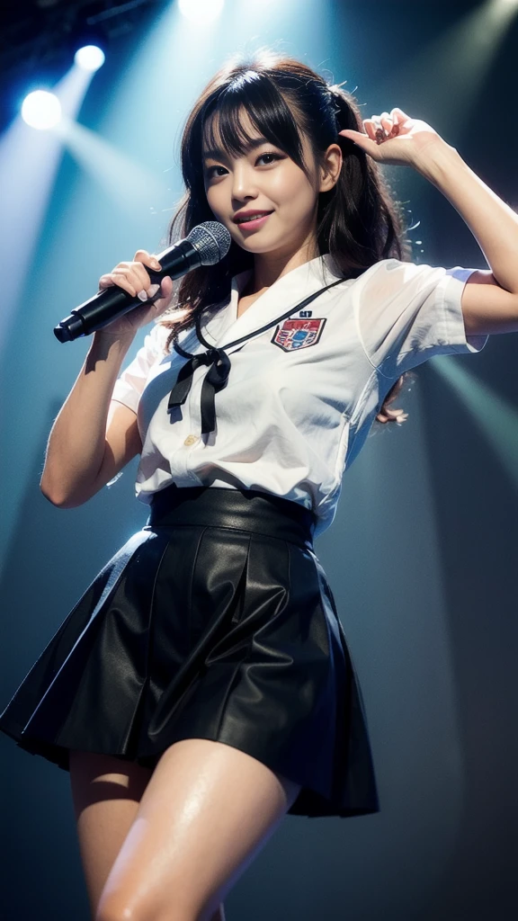 (Masterpiece, Realistic, Ultra High Definition, Best Quality: 1.2), 1girl, Solo, Young, No Makeup, (Black Hair), Smile, Japan Idol, Singing on Stage, Holding a Microphone in Hand, Uniform, Sailor Suit, Armpits, Thighs, (Akina Nakamori), Photorealistic, On Stage, Stage Lighting, Live Venue, Stage Spotlight, Lights Version, (pureerosface_ v1:0.8)