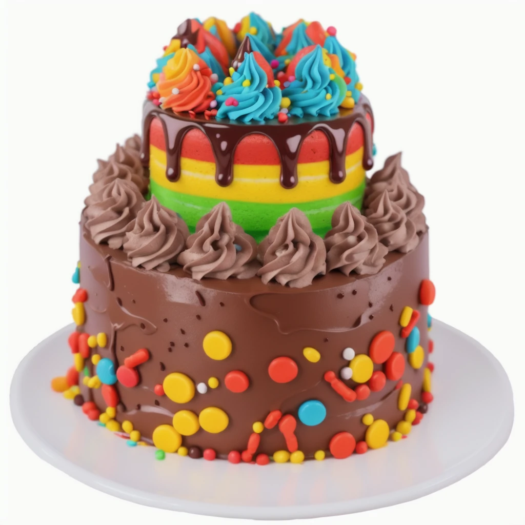 on the white background, on a porcelain plate, a chocolate two-layer cream cake, decorated with sprinkles on the bottom, chocolate cream swirls on the first layer, the second cream layer multi-colored, chocolate ganache on the second layer, multi-colored swirls with sprinkles on top, realistic texture, realistic style, detailed texture, high quality, high resolution, high quality rendering, realistic photo, brightning light, macro photo, ultra hd 4k