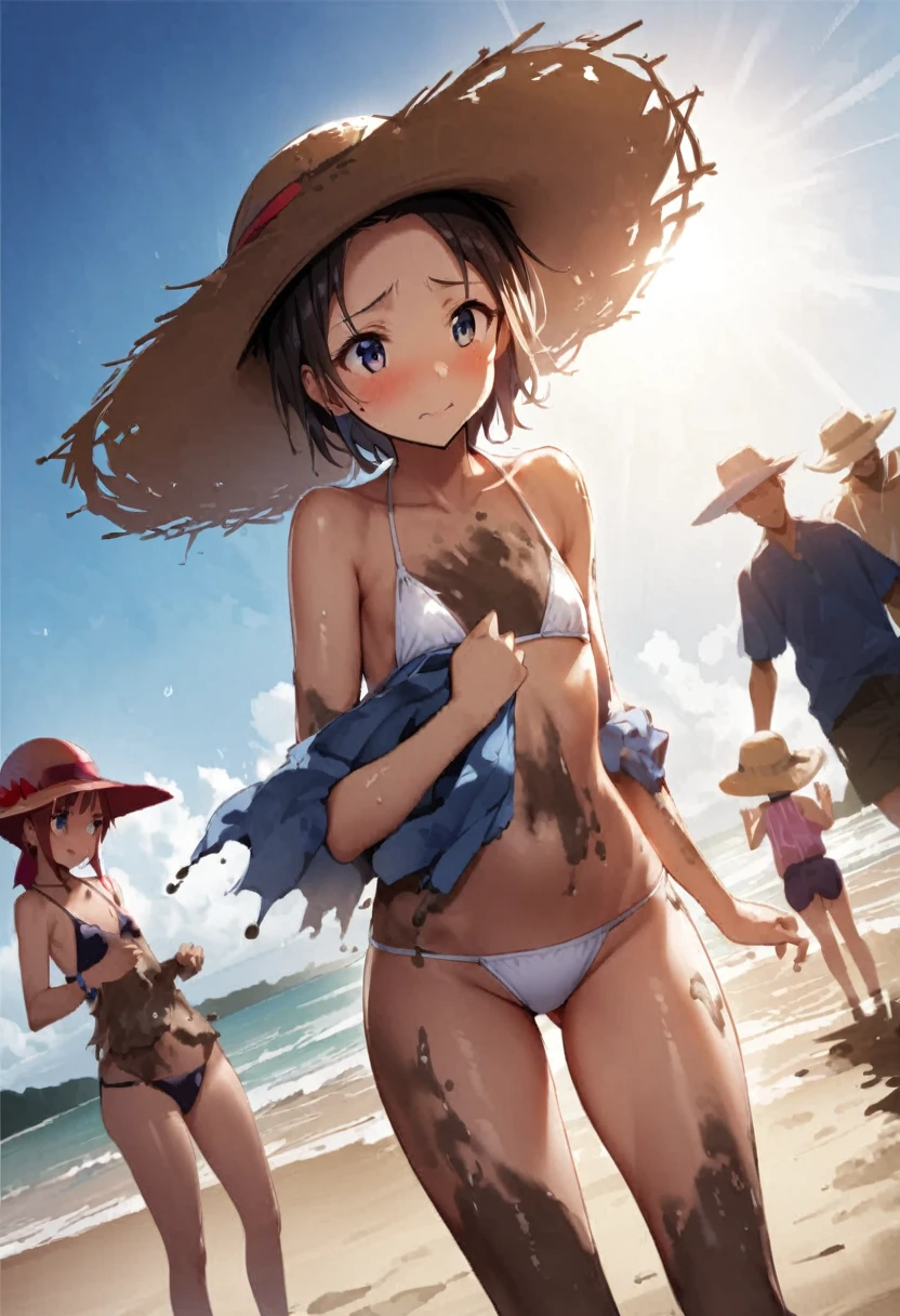 tideland、Covered in mud、Tiny white bikini、Only one nipple is visible、Thighs、Butt、Dynamic Angle、Seaside、Sandy Beach、Girl、Girl、Younger、Baby Face、flat chest、forehead、Embarrassed、Sun hat、sunlight、Both eyes open
