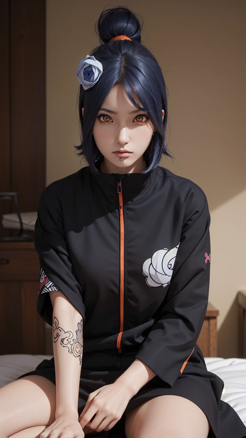 woman, woman, short hair, hair ornament, blue hair, legs , sitting on the bed , small, panties, bra, sexy body , , one flower, hair цветок, (orange eyes:1.2), (labret piercing:1.2), eyeshadow, (Akatsuki uniform:1.5), Akatsuki \(naruto\),BREAK (masterpiece:1.2), Best quality, A high resolution, unity 8k wallpaper, (illustration:0.8), (beautiful detailed eyes:1.6), very detailed face, perfect lighting, extremely detailed computer graphics, (perfect hands, Ideal Anatomy),