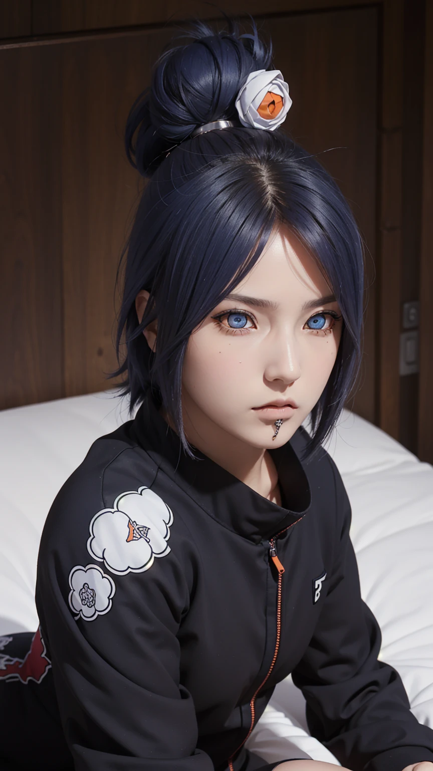 woman, woman, short hair, hair ornament, blue hair, legs , sitting on the bed , small, panties, bra, sexy body , , one flower, hair цветок, (orange eyes:1.2), (labret piercing:1.2), eyeshadow, (Akatsuki uniform:1.5), Akatsuki \(naruto\),BREAK (masterpiece:1.2), Best quality, A high resolution, unity 8k wallpaper, (illustration:0.8), (beautiful detailed eyes:1.6), very detailed face, perfect lighting, extremely detailed computer graphics, (perfect hands, Ideal Anatomy),