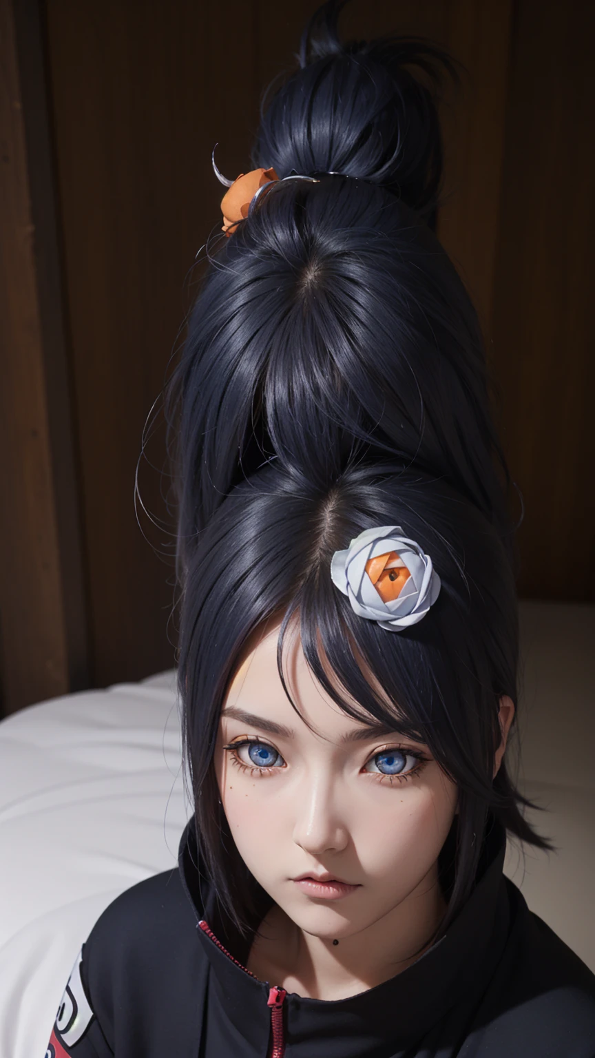 woman, woman, short hair, hair ornament, blue hair, legs , sitting on the bed , small, panties, bra, sexy body , , one flower, hair цветок, (orange eyes:1.2), (labret piercing:1.2), eyeshadow, (Akatsuki uniform:1.5), Akatsuki \(naruto\),BREAK (masterpiece:1.2), Best quality, A high resolution, unity 8k wallpaper, (illustration:0.8), (beautiful detailed eyes:1.6), very detailed face, perfect lighting, extremely detailed computer graphics, (perfect hands, Ideal Anatomy),