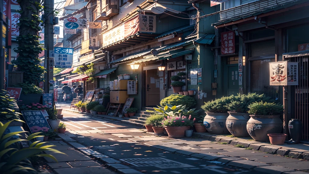 High detail, anime, anime style, Shine, Cinema Lighting, Shine光, reflected light, close, Lens flare, masterpiece, High details, 最high quality, Super detailed, high quality, anime background, anime wallpaper, Sunny weather, Bright blue sky, Dramatic lighting, narrow japanese Urban alleyway, Japanese store sign, Japanese Signs, japanese banner, banner, 植wood鉢, plant, wood, Grass, Cobblestone Street, Garbage can, night, dark, Street lamp,, (Realistic,photoRealistic:1.37), narrow anime street, Urban, compact,