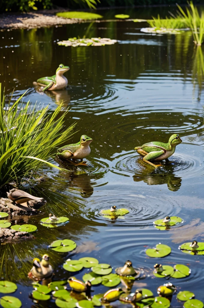 Frogs leaping near a sparkling pond, with ducks swimming and quacking nearby.
