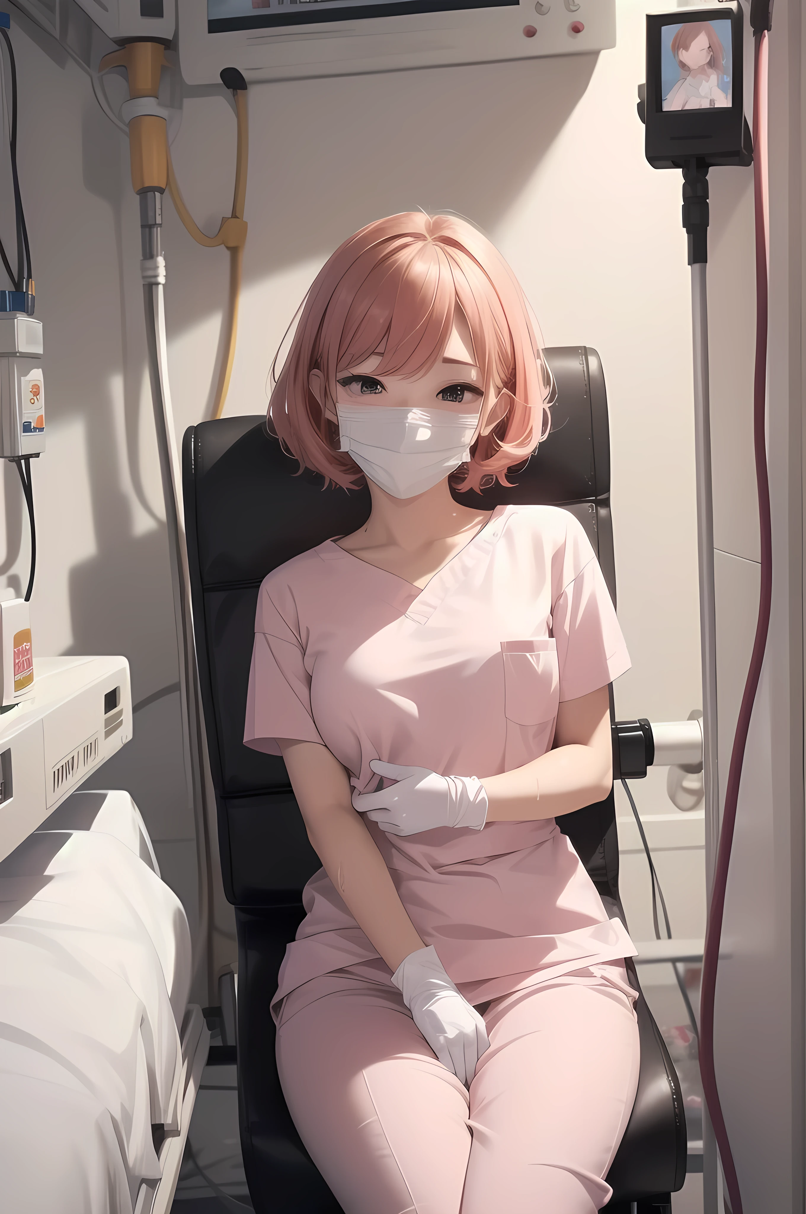 Beautiful young woman, Anime Style, Detailed face, Redhead, Wet Hair, Big eyes, pinkの目, Delicate features,One Girl, alone, nurse, pink, White gloves, Very short hair, Orange Hair, ((White surgical mask, Covered Nose)),Lying in bed, ((Hospital room)), Sharp contours, Short sleeve, Tomboy, boyish, Highest quality, masterpiece、No hat、erotic、sexy、Masturbation、pants、pinkローター、barefoot、Thighs、Place a pillow between your legs、Nice face、Embarrassed face、Hospital roomのベッド、Half naked、Adult goods、Adult Toys、Are sleeping、Pillow between legs