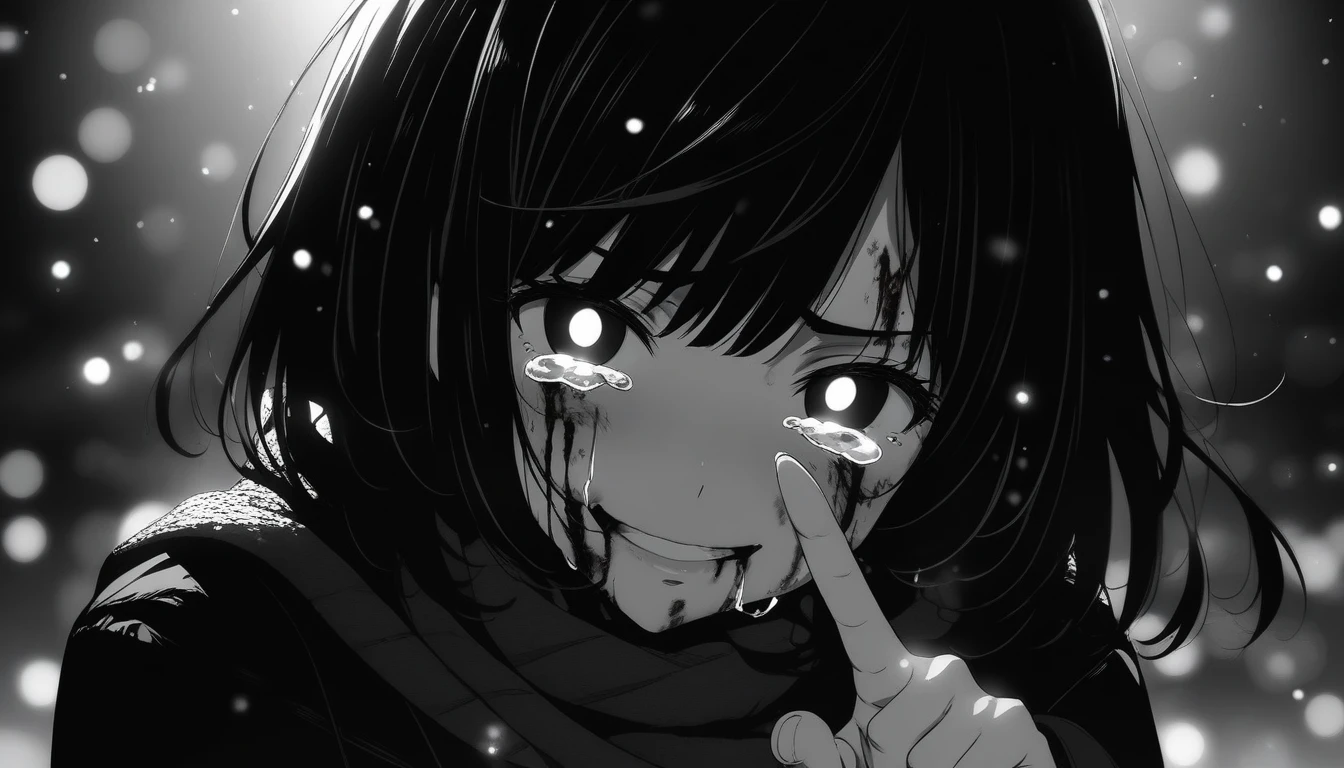 masterpiece, best quality, 1girl, momose_(oqo) official art, misaki kurehito official art, grayscale, manga style, japanese, chi no wadachi, black eyes, glowing white pupils, street, iced, black hair, schoolbag, smile, crying, tears, tears streaming, blood, blood_from_mouth, bruise, nosebleed, lineart, face against the ground, looking at viewer, blood on face, black coat, black scarf, 35 years old, mature_female:1, tall, fair skinned, bokeh background, streaming, bob cut, light particles, centered, snowing, emotional anime scene, (very aesthetic, best quality, ultra detailed), intricate details, red and blue lights flashing, camera glare, finger_gun, pointing at viewer
