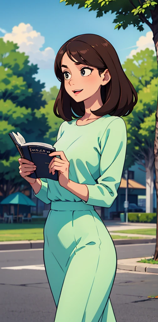 Woman. dark hair. long hair, eyes browns, wearing a blue formal dress, walking in a park, carrying a medium-sized bag with magazines, libero, light pink lipstick, expression of happiness, holding a bible in his right hand,  (Friendly expression on the face), (well-detailed face), sunny day, (ultra detaild) ((best qualityer)) Jehovah's Witness, Christian, talking about the Bible 