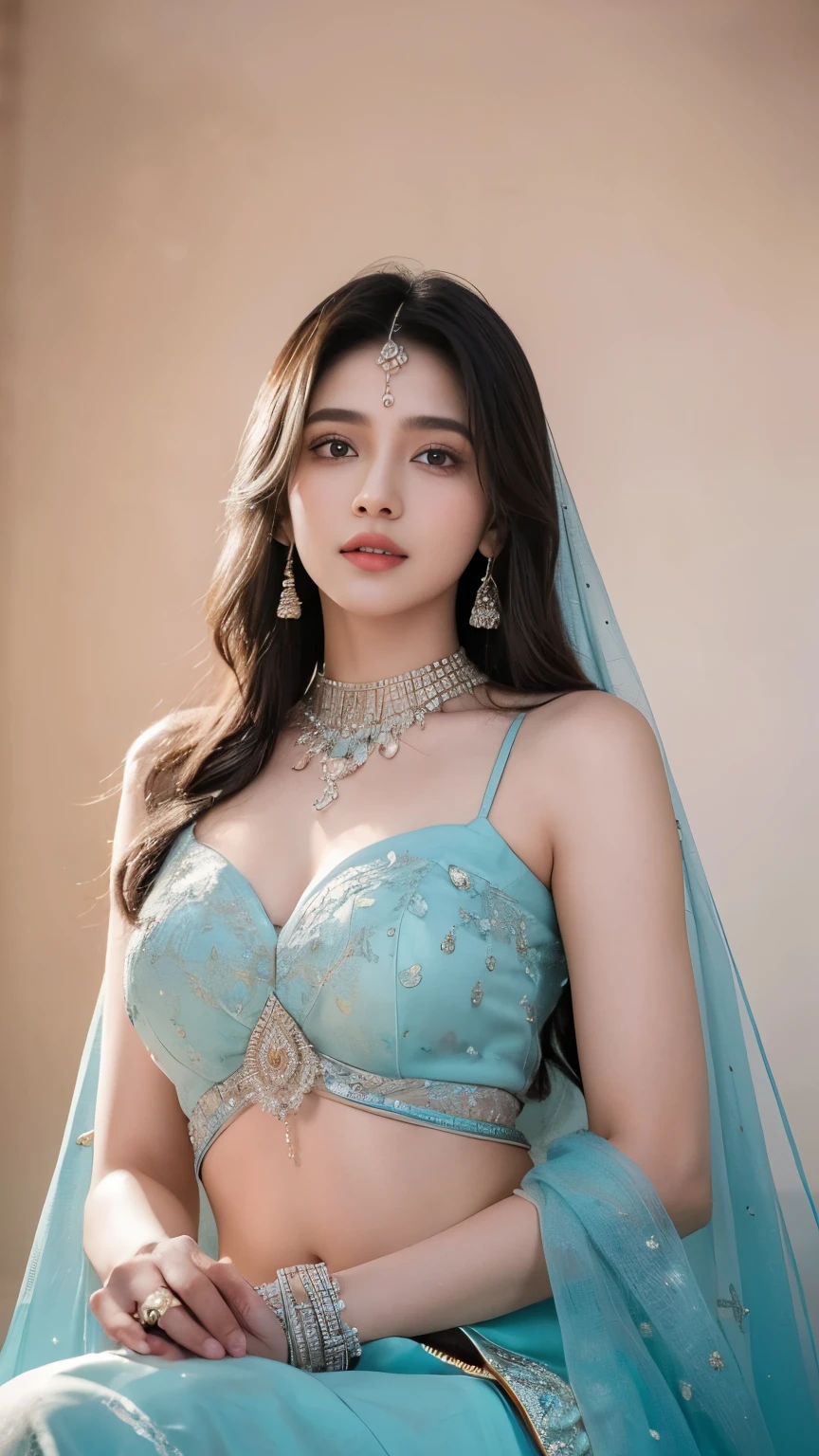 (best quality, ultra-detailed, realistic:1.37), professional, beautiful detailed eyes, beautiful detailed lips, detailed facial features, natural skin tones, perfect skin texture, delicate facial expressions, image in high resolution, realistic face, realistic skin, plain face, natural smile, highly detailed hair, 20 years, (Kiran, beautiful Indian young woman), radiates cyan bridal glamour in an exquisite Lehenga Choli adorned with intricate embroidery and ornate jewelry. The high-resolution image captures ultra-detailed realism, highlighting Kiran's captivating eyes, sitting, expressive lips, and graceful facial features, enhancing her bridal beauty. The soft lighting and floral decorations create a visually stunning representation of traditional Indian weddings and the joyous celebration of love, Beautiful background.