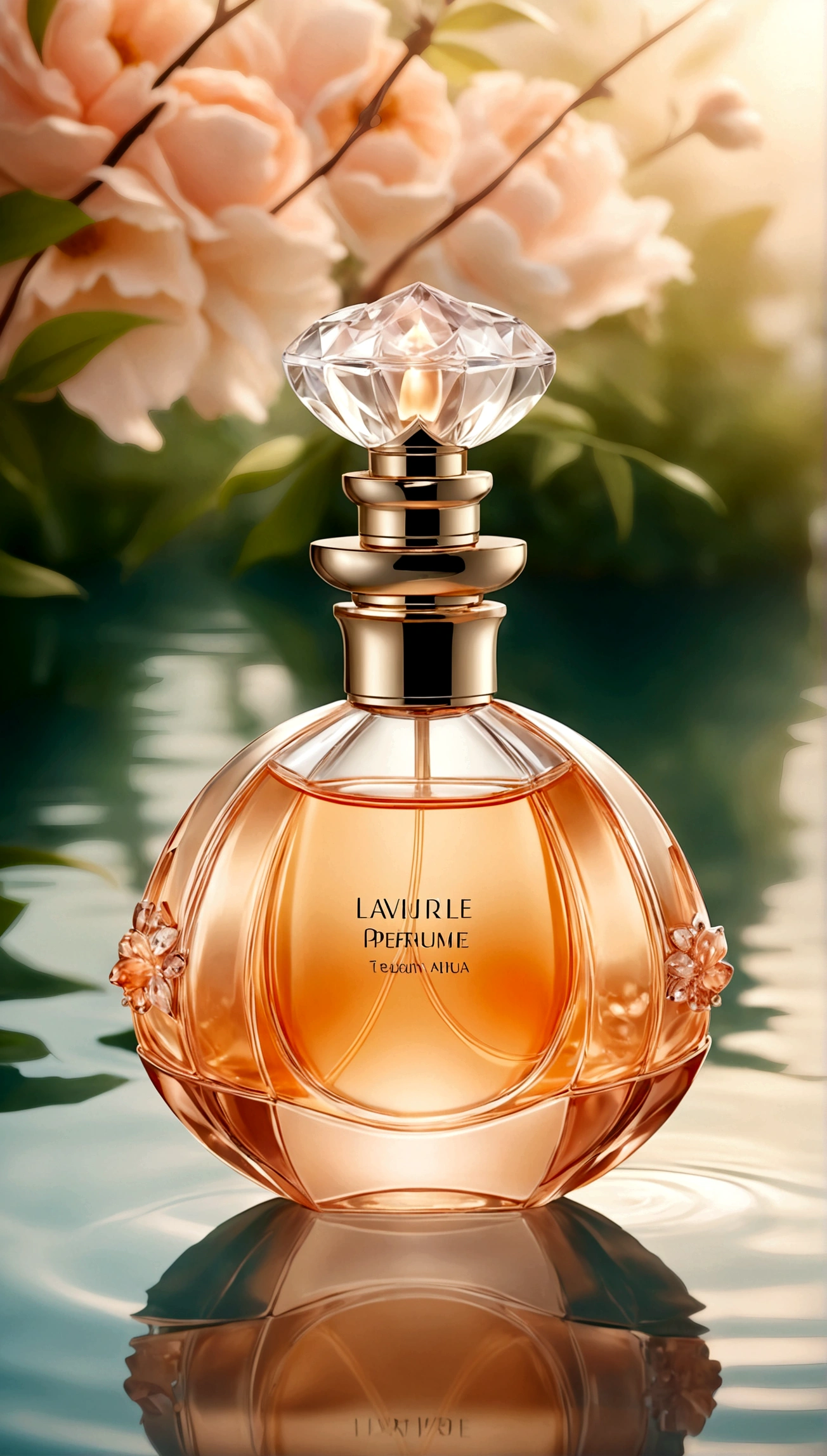 perfume with peach, stylish perfume, women&#39;s perfume, perfume stands on the water, stylish perfume, soft aura, blurred background, light
