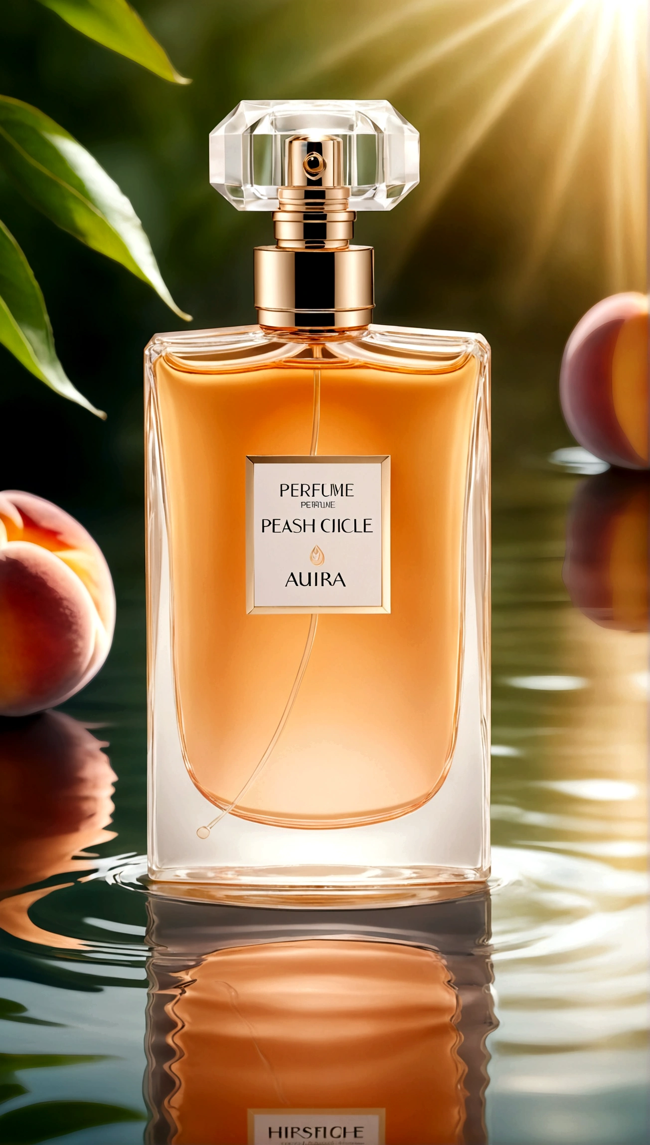 perfume with peach, stylish perfume, women's perfume, perfume stands on the water, stylish perfume, soft aura, blurred background, light