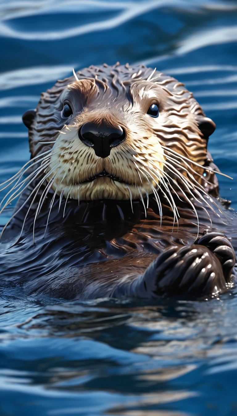 sea ​​otter,backstroke,blue ocean,animal photo, realistic,masterpiece, high quality 