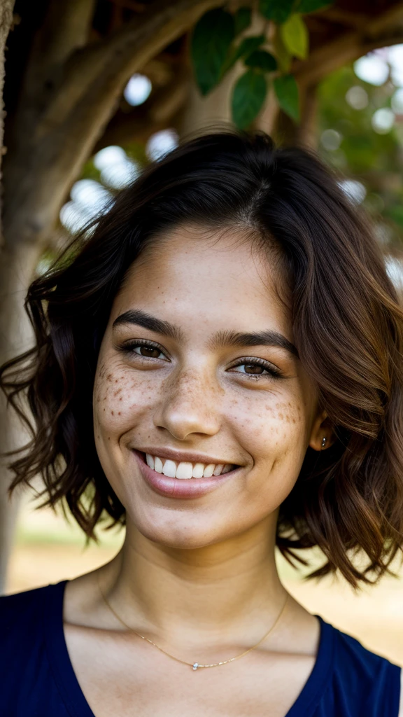 (one-1-person:1.2), beautiful latin lady, freckles, big smile, dark makeup, hyperdetailed photography, soft light, head and shoulders portrait, cover